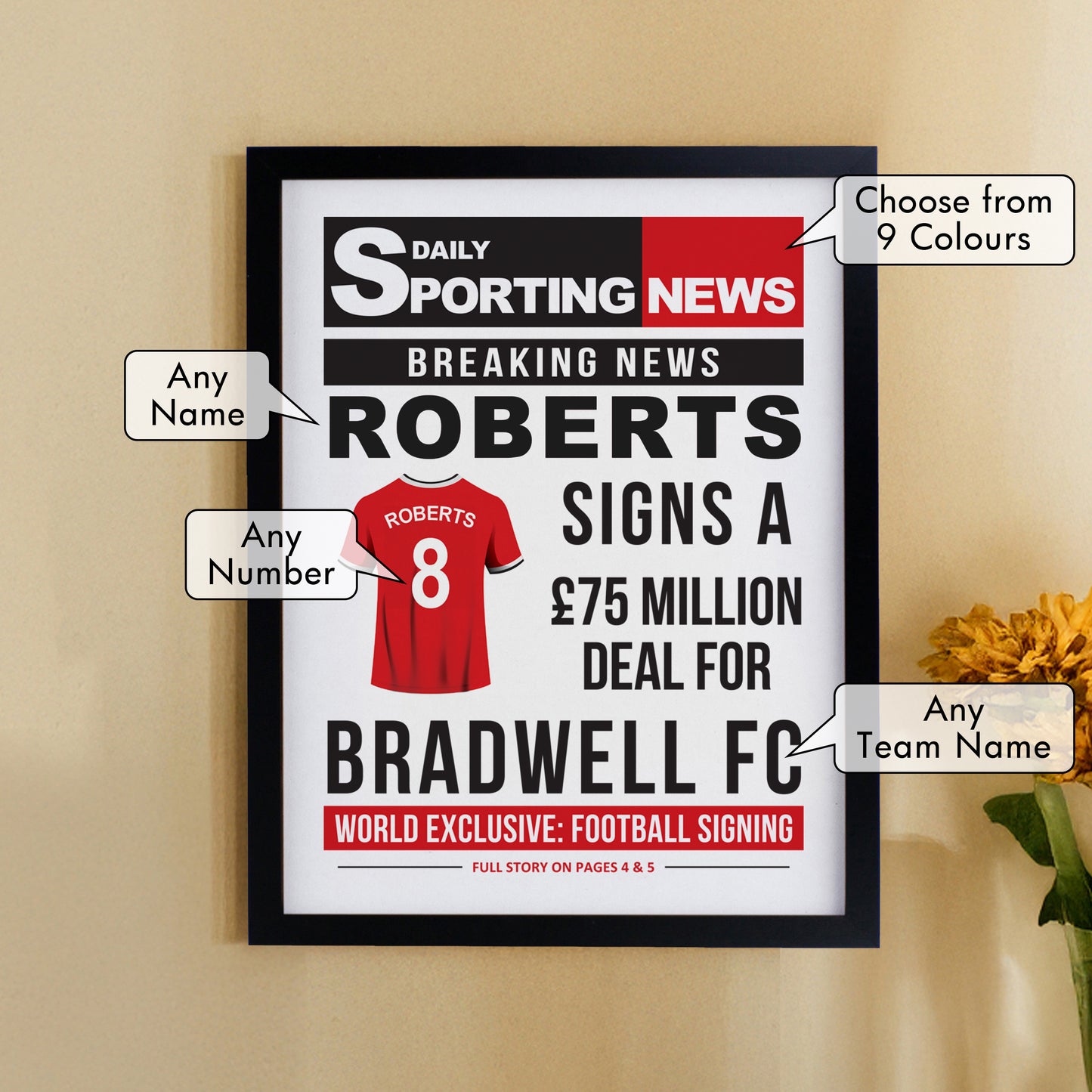 Personalised Football News Black Poster Frame